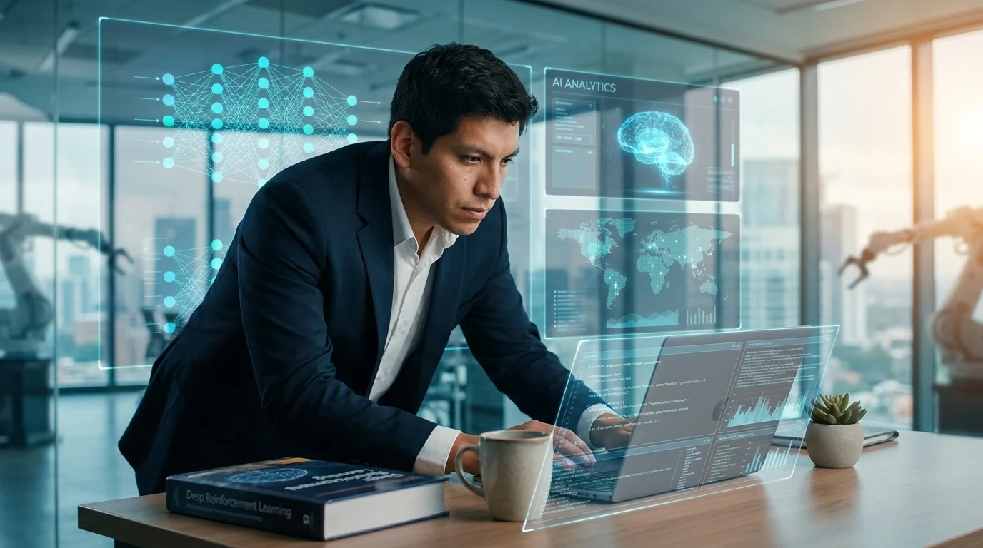 Profesional trabajando con inteligencia artificial y anal&iacute;tica